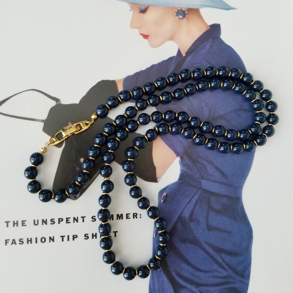 ❗Vintage 1960s Signed Napier Navy Beaded Statement Necklace with Gold Accents❗